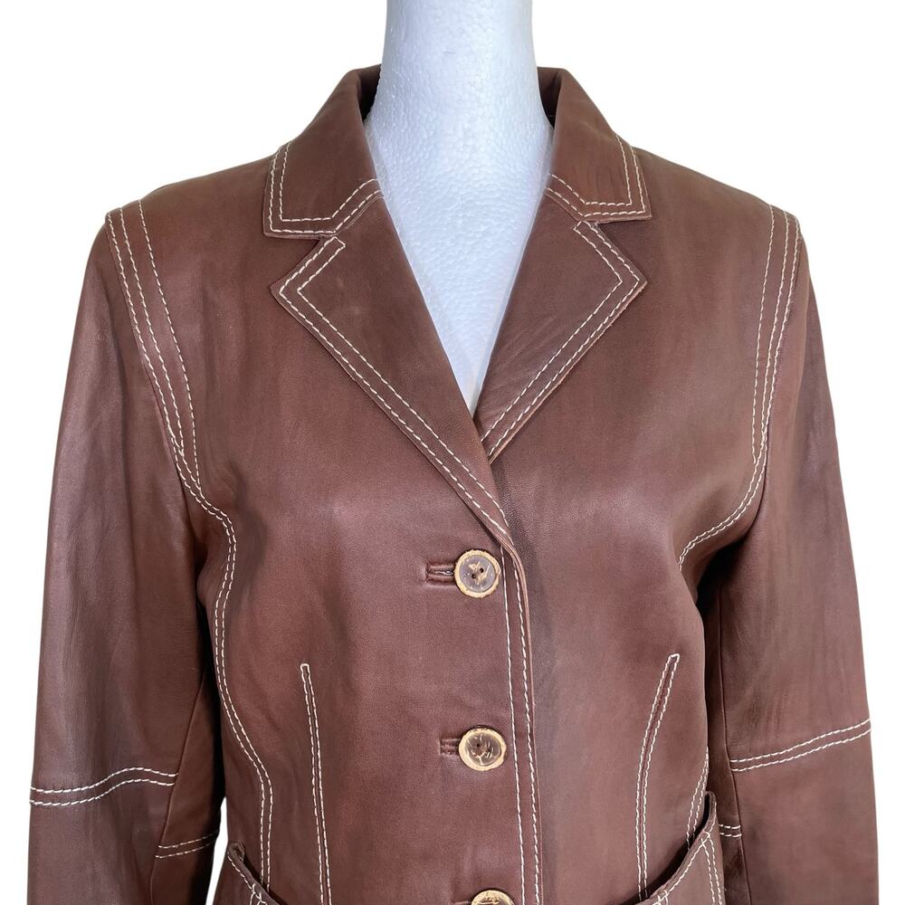 Cabi Vintage Y2K Chocolate Brown Leather Jacket Blazer Retro 70s Button-front - Picture 3 of 16